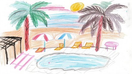 Obraz premium Childs drawing of tropical beach resort with palm trees and swimming pool art