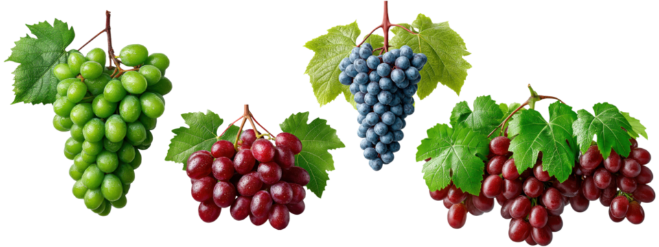 Set of green, red, and purple grape clusters with leaves on vine, isolated on transparent background