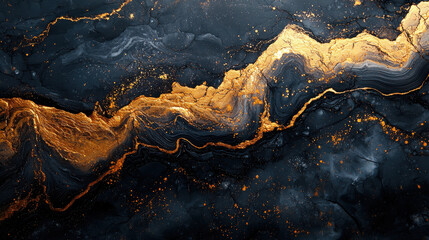 A canvas of black and gold swirls, where acrylic paint poured over marble rock texture, creating a dynamic and artistic backdrop. Generative AI infused the process, resulting in a horizontal 