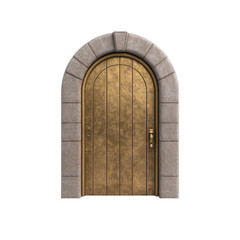 Sturdy door framed by a beautiful stone archway reflecting strength and history against a crisp white background.