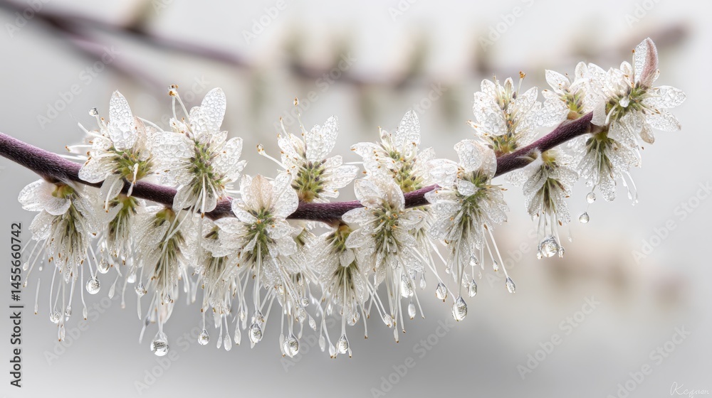 Poster slender willow branches adorned with sparse foliage feature glistening water droplets, creating a se