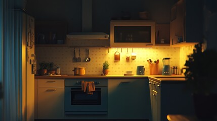 Empty kitchen interior at night with warm under cabinet lighting