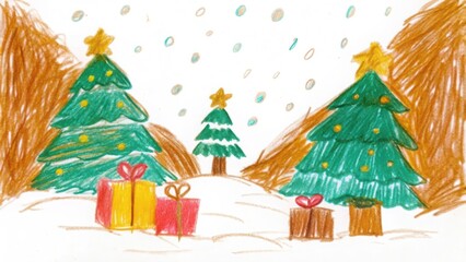 Fototapeta premium Christmas trees and gifts in winter snow scene drawing christmas holiday art