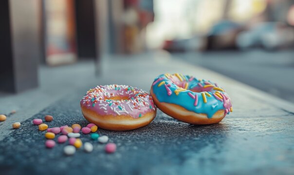 Colorful Donuts with Sprinkles on a Busy Urban Street Scene