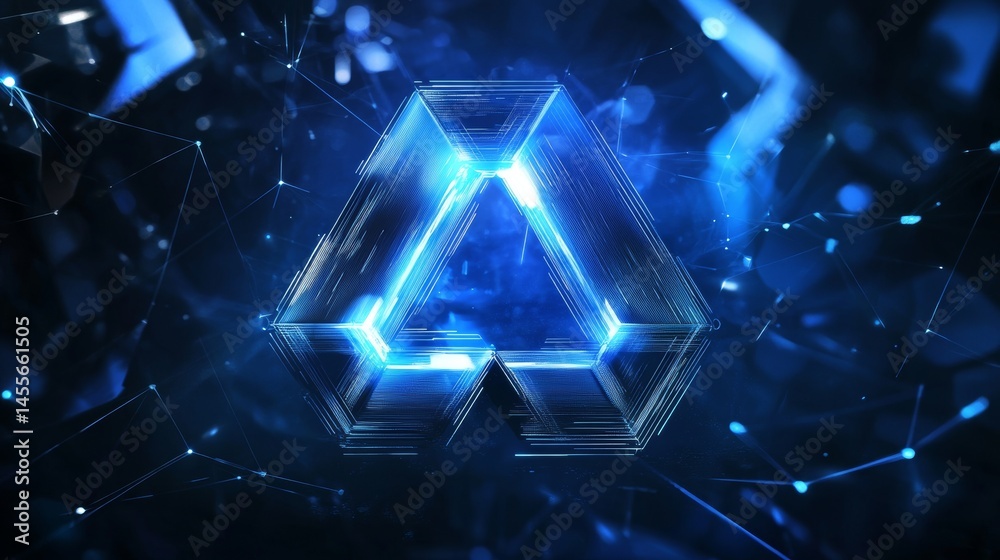 Poster digital design featuring a glowing triangular shape against a dark background with intricate pattern