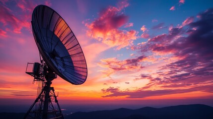 Sunset Over Radio Telescope Transmitting Signals Into the Sky, Showcasing Technological Marvels in Remote Location During Twilight Hours