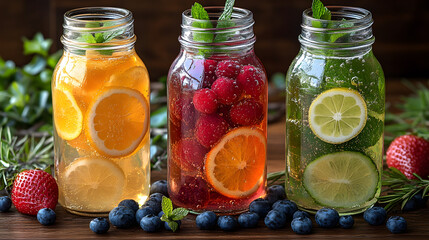 Three transparent bottles filled with colorful summer drinks on a wood table