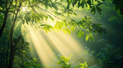 Obraz premium Beautiful Forest Landscape Illuminated by Sunlight Filtering Through Trees in the Early Morning Hours