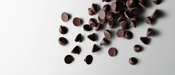 Dark Chocolate Chips Scattered on a White Surface Ready for Baking or Snacking Pleasure