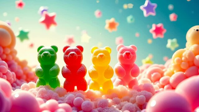 Gummy Bears, Candy Color, Sweet Taste. Confection Delight. Candies reflect cheerful light. Gummies enhance sentimental moods. Snacking induces joyful atmospheres.