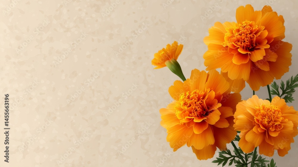 Poster bright golden marigold flowers with intricate petal designs sit gracefully on a warm beige surface, 