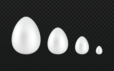 Realistic vector set of four white eggs in different sizes. Isolated food object perfect for cooking, baking, farm, or healthy eating themes, and as a versatile graphic element.