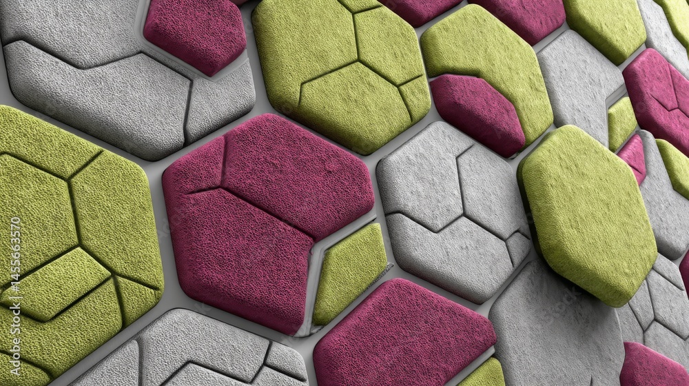 Aufkleber Close-up view of a modern arrangement of pentagon shapes in shades of lime and magenta on a white background, featuring an organized and clean pattern