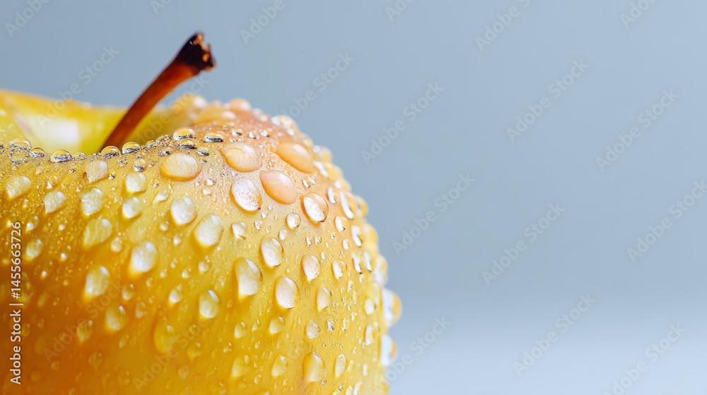 Poster a bright yellow apple, glistening with tiny water droplets, is prominently featured with soft lighti