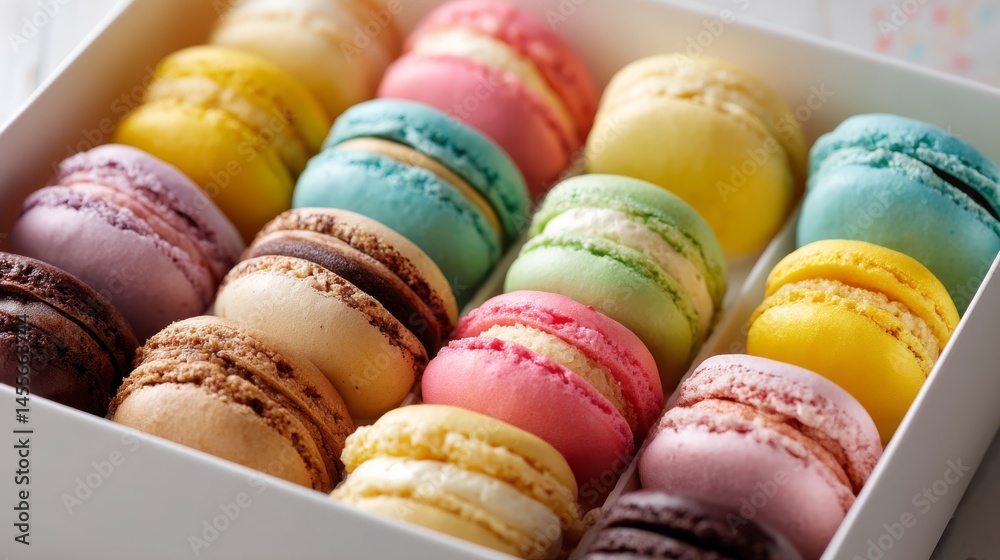 Aufkleber a close-up view showcases a delightful assortment of colorful french macarons arranged in a decorati