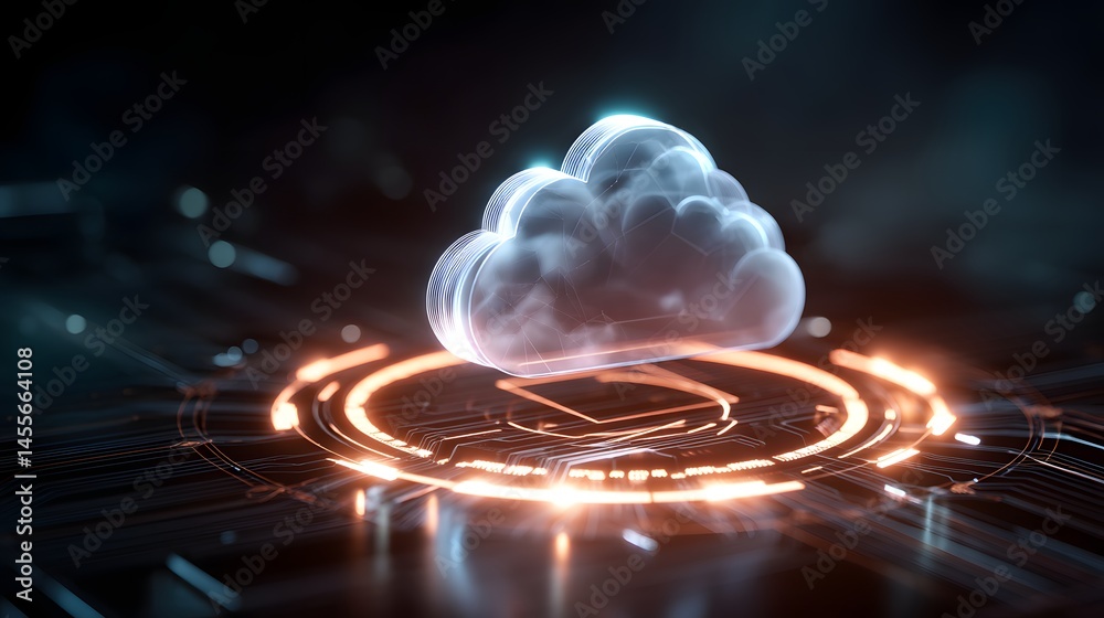 Poster holographic cloud computing concept illustration showing the future of data storage with digital net