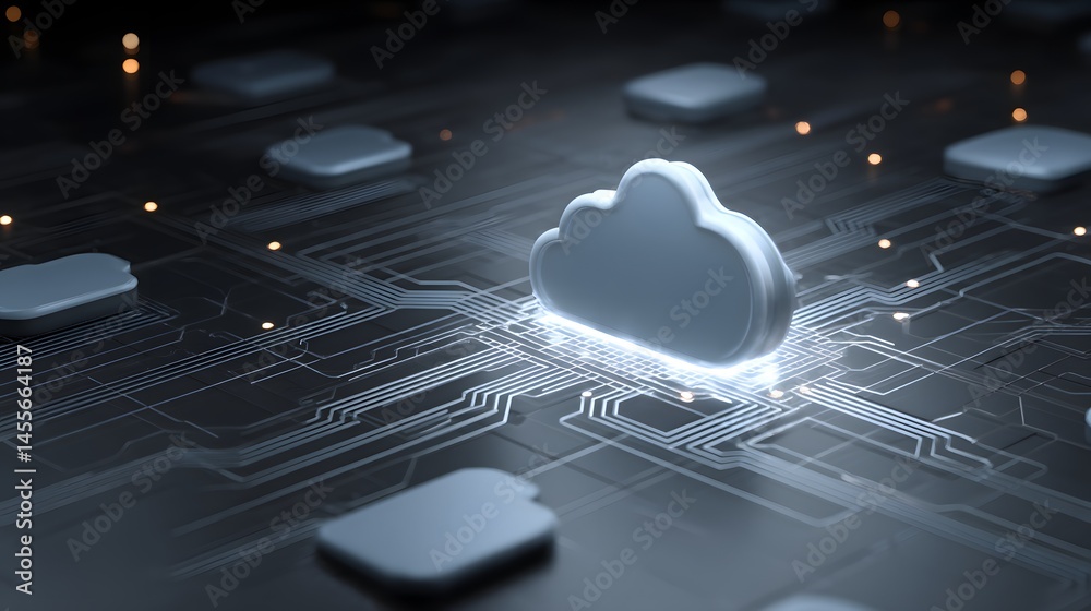 Poster holographic illustration of cloud computing with internet connectivity forming a cyber network in a 