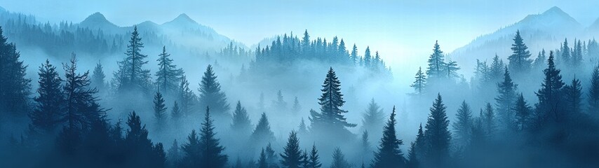 Fototapeta premium Picturesque forest with towering trees and majestic mountains in the background under blue sky
