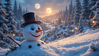 Obraz premium Smiling Snowman with Hat in Snowy Winter Village Landscape