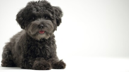A cheerful fluffy small dog poses against a white background, exuding friendliness&mdash;ideal for promotional content or pet designs