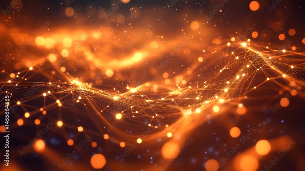 Poster light particles create a mesmerizing golden wave pattern in a dark environment with shimmering effec