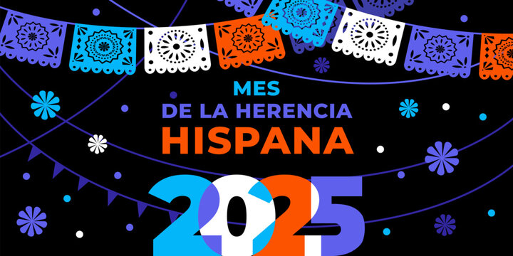 Hispanic heritage month. Vector web banner, poster, card for social media, networks. Greeting in Spanish Mes de la herencia hispana text, Papel Picado pattern, perforated paper on black background