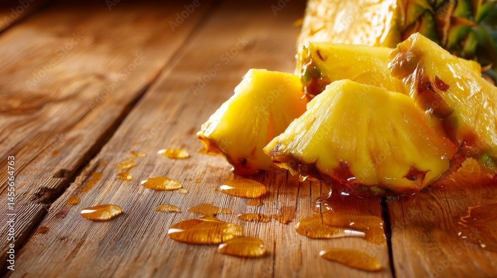Aufkleber close-up view showcases freshly sliced pineapples with bright yellow flesh sitting on a rustic woode