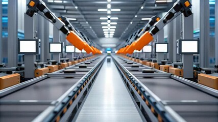Digital transformation with industry 4.0, A modern warehouse with automated conveyor systems and screens, designed for efficient logistics and streamlined operations.