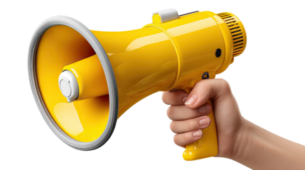 Announcing Loudly: A person's hand firmly grasps a bright yellow megaphone, a symbol of clear and impactful communication. This image encapsulates the essence of announcement, direction.