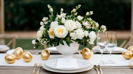 Elegant Easter Party Table Setting with Golden Eggs and Flowers