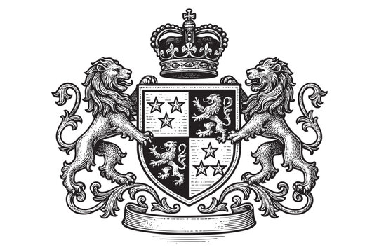 lion coat of arms shield woodcut engraving vector illustration