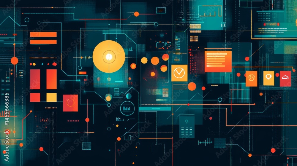 Poster modern digital workspace with three professionals collaborating in a high-tech environment featuring