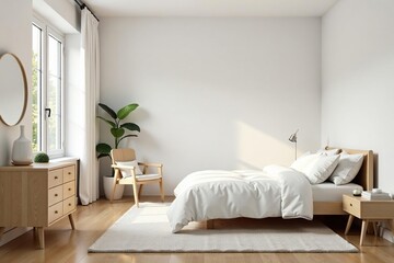 Modern minimalist kids' bedroom with white walls and natural wood furniture , understated, relaxing, kids decor