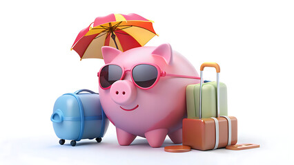 Pink piggy bank with sunglasses suitcase and umbrella representing travel savings