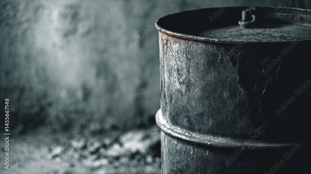Poster eye-level close-up showcases a black metal oil barrel featuring subtle surface scratches, set agains
