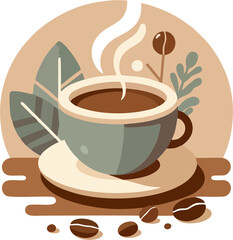 Retro Flat Vector Coffee Cup with Steam and Beans – Earth Tone Minimalist Illustration for Cafe Menu, Branding, and Packaging Design