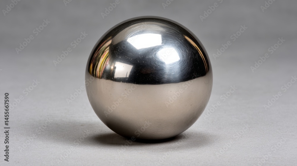Poster close-up of a smooth silver orb sculpture resting on a neutral surface, displaying gentle reflection