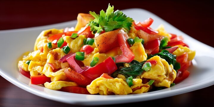Ackee and saltfish served with spinach, peppers and herbs on white plate