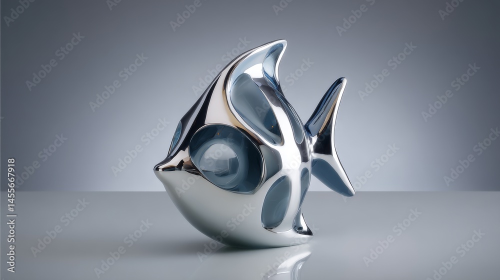 Leinwandbilder close-up view of a shiny fish sculpture featuring metallic blue accents against a soft matte backgro
