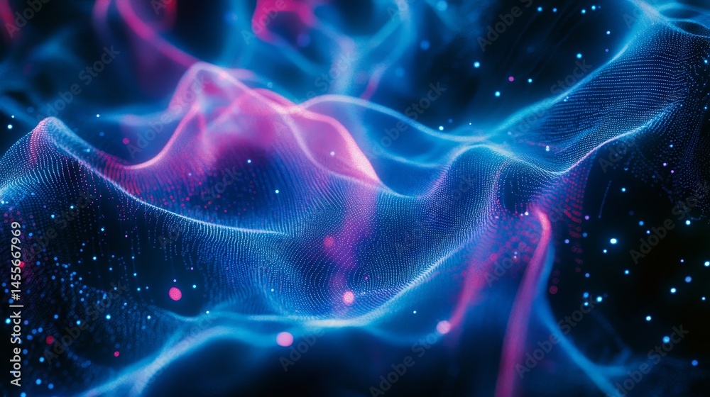 Poster abstract representation of a glowing landscape using blue light patterns showcasing a dynamic three-