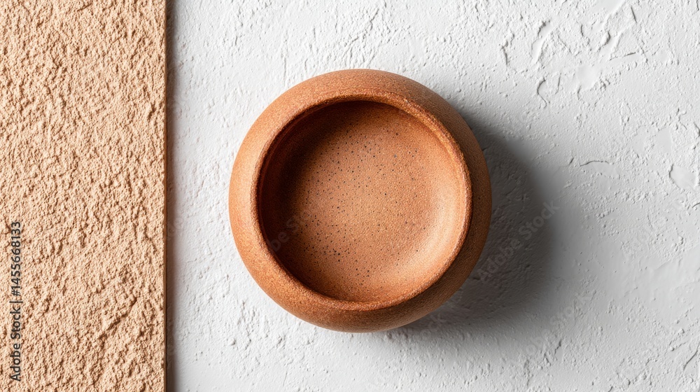 Aufkleber empty ceramic bowl is centered on a textured white surface, showcasing a minimalistic aesthetic perf