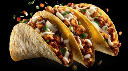 Three delicious tacos in motion against a dark background.