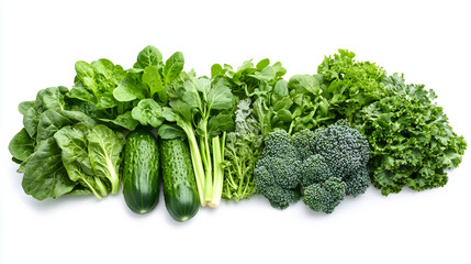 Top View of Fresh Green Vegetables Assortment on White Background