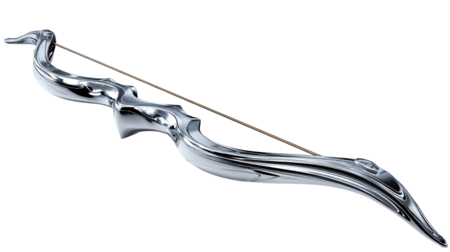Silver Bow:  A sleek, silver recurve bow, a symbol of precision and power, rests against a stark white background. Its elegant lines and sharp design  exude a sense of readiness, poised for action.