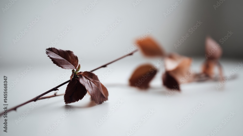 Aufkleber bare twigs with stunning brown-toned leaves are loosely arranged on a white surface, beautifully ill