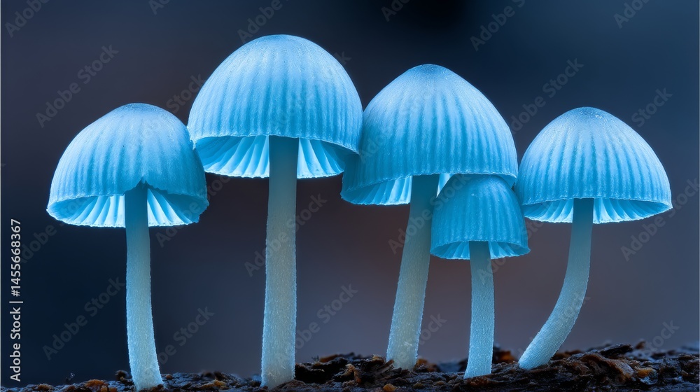 Poster Ethereal blue mushrooms emit a soft glow in a serene forest clearing, surrounded by mist, creating a magical atmosphere perfect for nature enthusiasts