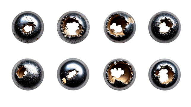 Bullets Holes: A high-angle shot reveals a series of bullets holes on a surface, the shadows and details highlighting the destructive impact and the raw, stark aesthetic.