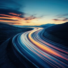 Winding highway at dusk with motion blur car lights and beautiful sky landscape in background