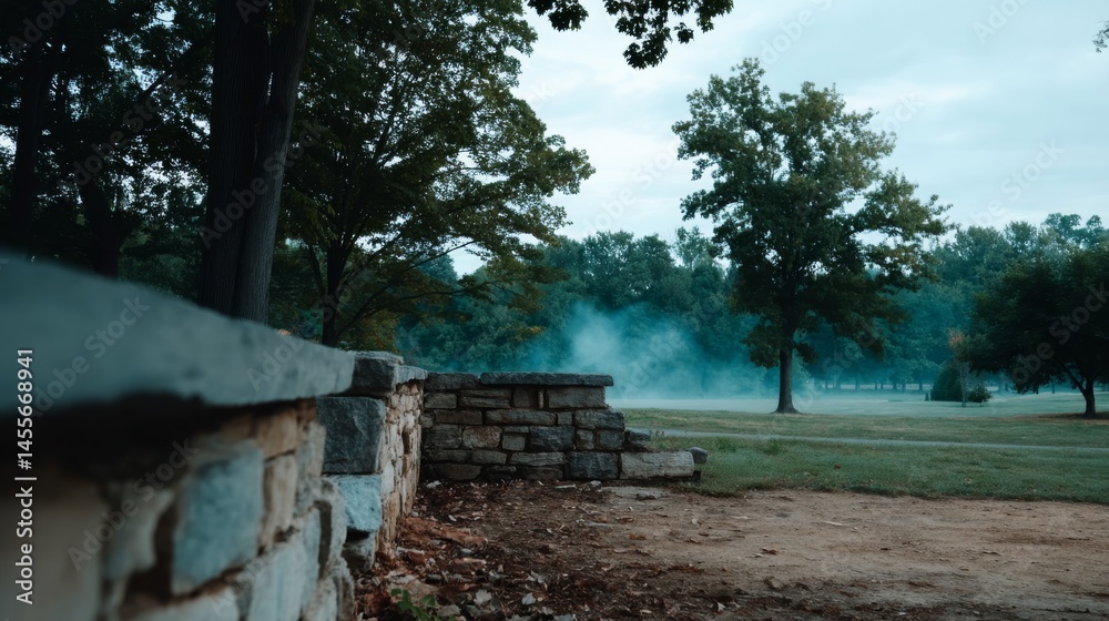 Poster morning mist swirls around ancient stone ruins as the soft light of dawn breaks, creating a tranquil
