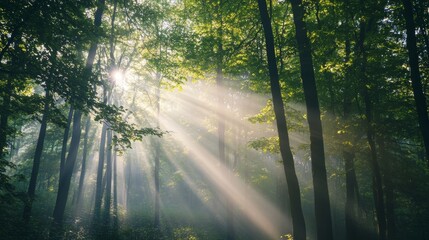 Obraz premium Sunlight Filters Through a Dense Forest, Creating a Serene Atmosphere During Early Morning Hours With Soft Rays Illuminating the Foliage
